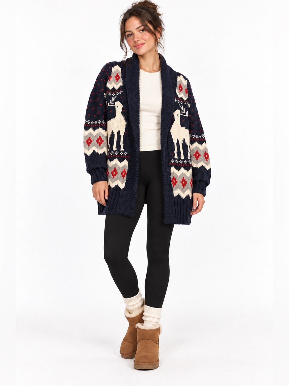 Nordic Reindeer Chunky Knit Cardigan S Navy Shawl Collar Wool Blend Eddie Bauer